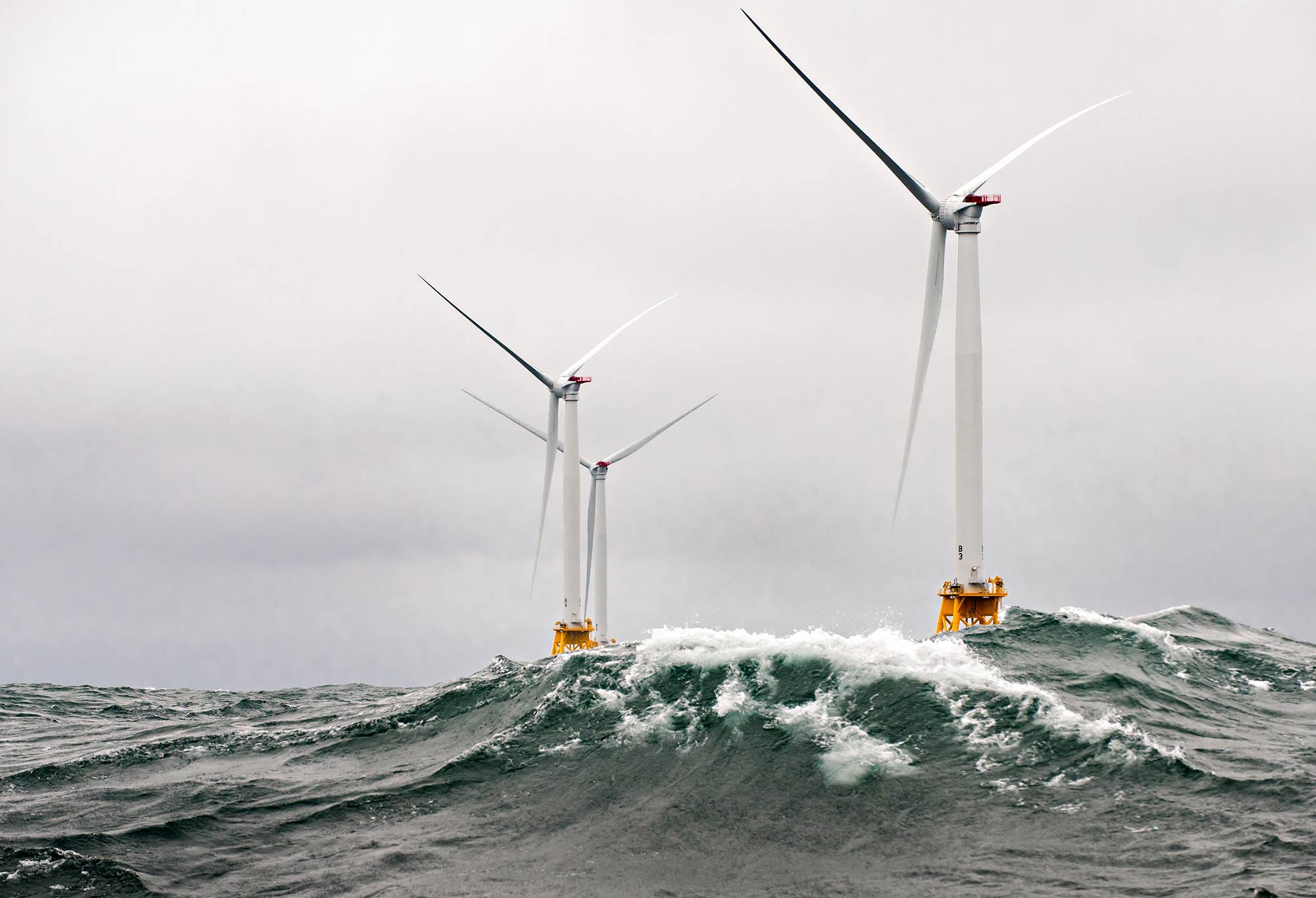 Three wind turbines at the first US offshore wind farm.